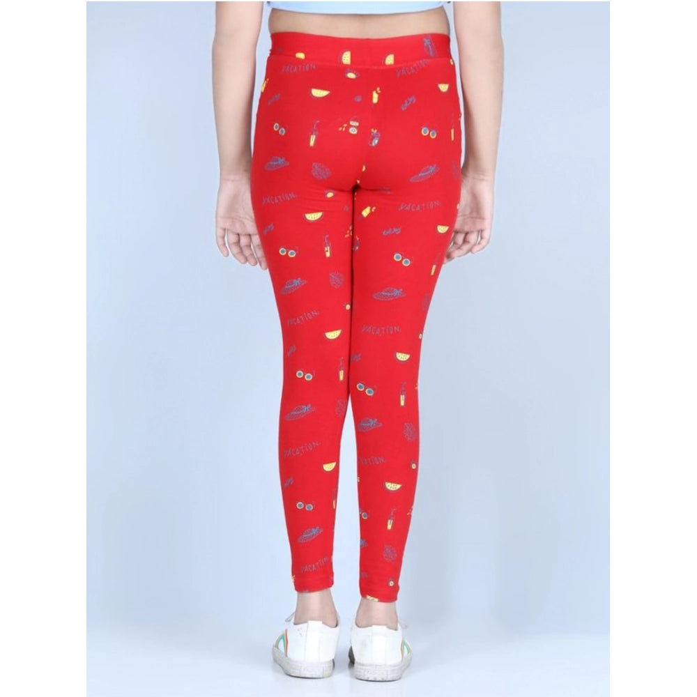 Amfyn Girl's Cotton Lycra Printed Elasticated Leggings (Red)