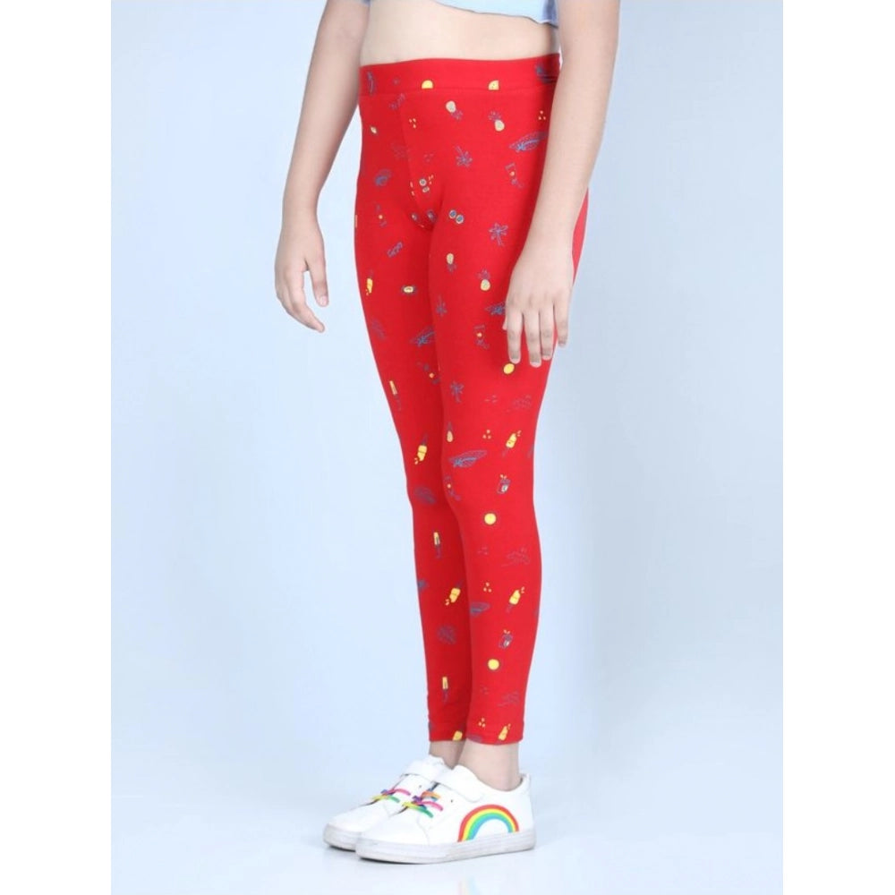 Amfyn Girl's Cotton Lycra Printed Elasticated Leggings (Red)