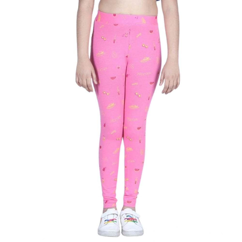 Amfyn Girl's Cotton Lycra Printed Elasticated Leggings (Pink)