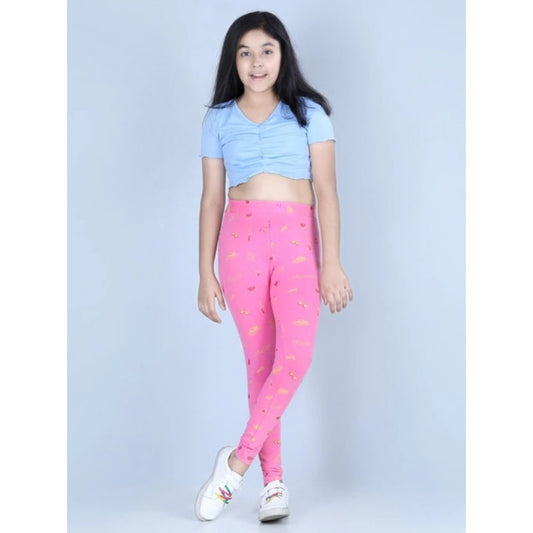Amfyn Girl's Cotton Lycra Printed Elasticated Leggings (Pink)