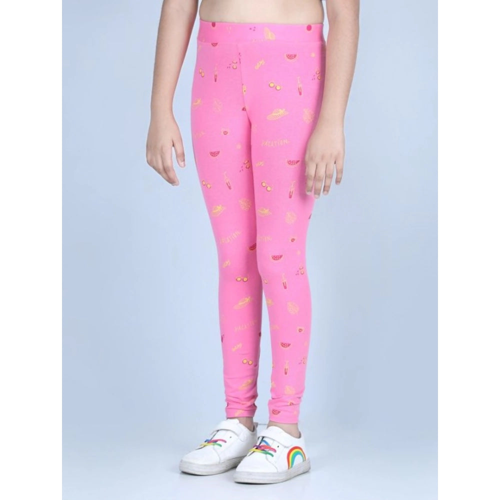 Amfyn Girl's Cotton Lycra Printed Elasticated Leggings (Pink)