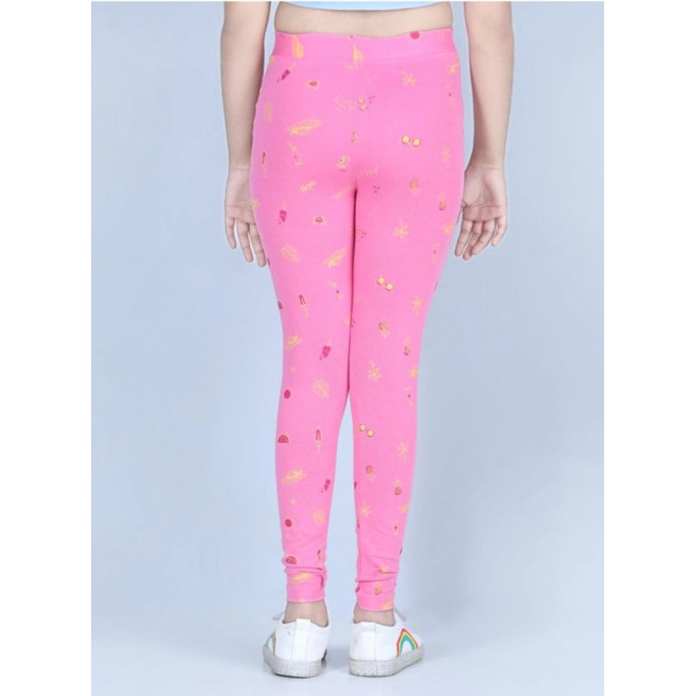 Amfyn Girl's Cotton Lycra Printed Elasticated Leggings (Pink)