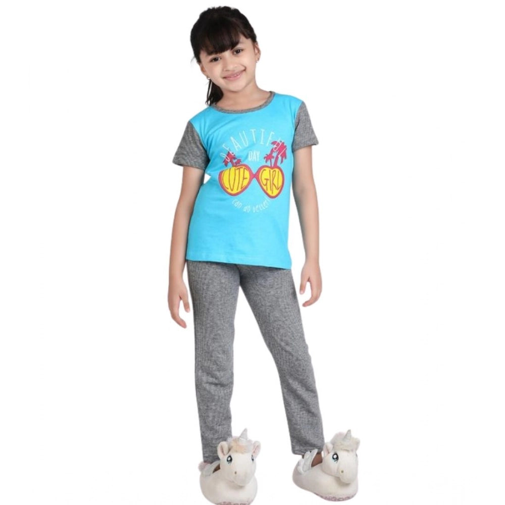 Amfyn Girl's Cotton Hosiery Printed Night Suit Set (Blue-Grey)