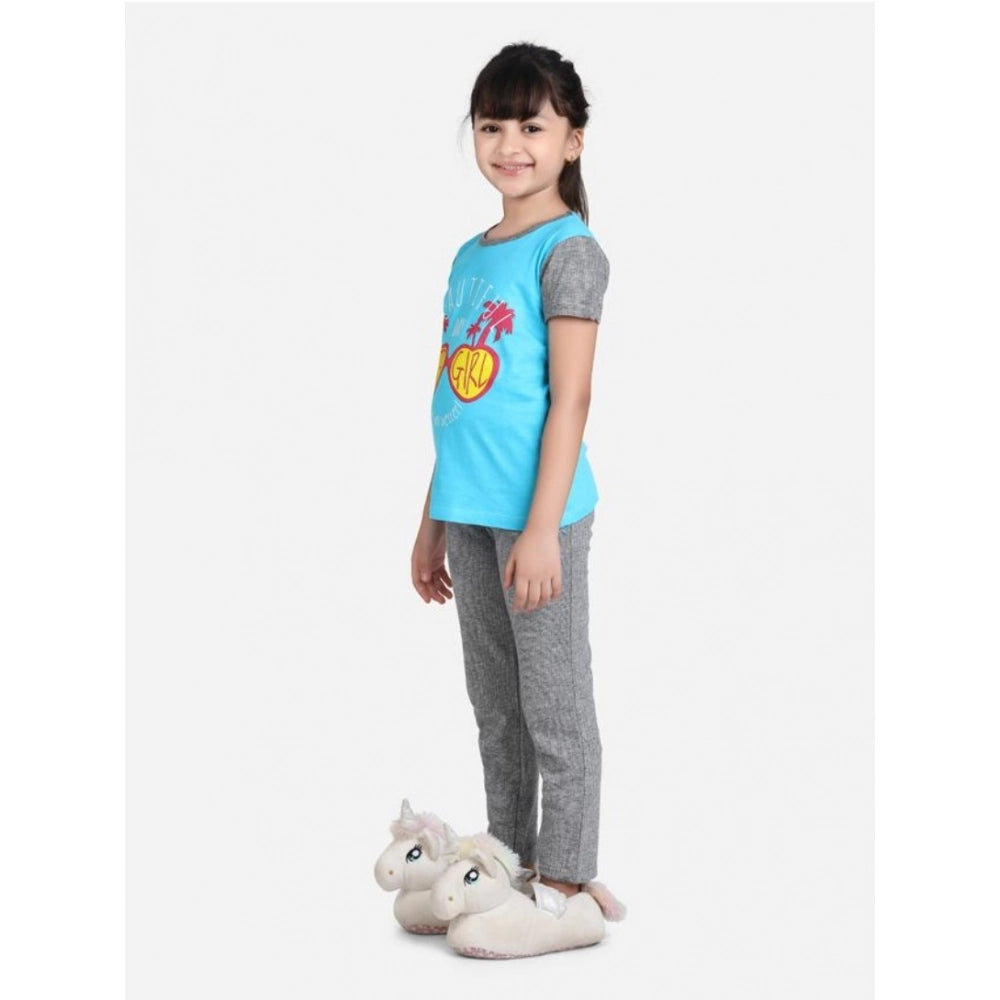 Amfyn Girl's Cotton Hosiery Printed Night Suit Set (Blue-Grey)