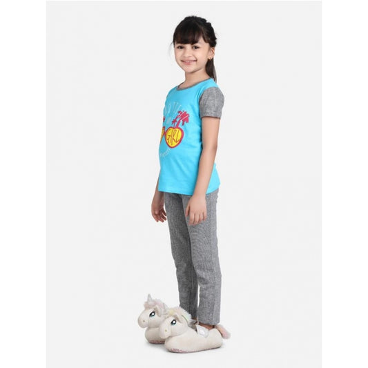Amfyn Girl's Cotton Hosiery Printed Night Suit Set (Blue-Grey)