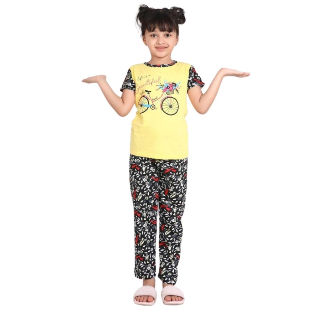 Amfyn Girl's Cotton Hosiery Printed Night Suit Set (Yellow-Black)