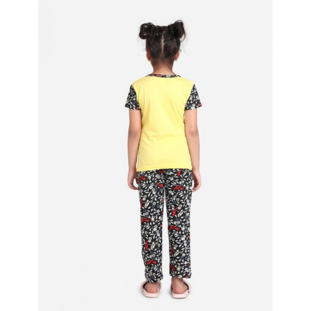 Amfyn Girl's Cotton Hosiery Printed Night Suit Set (Yellow-Black)