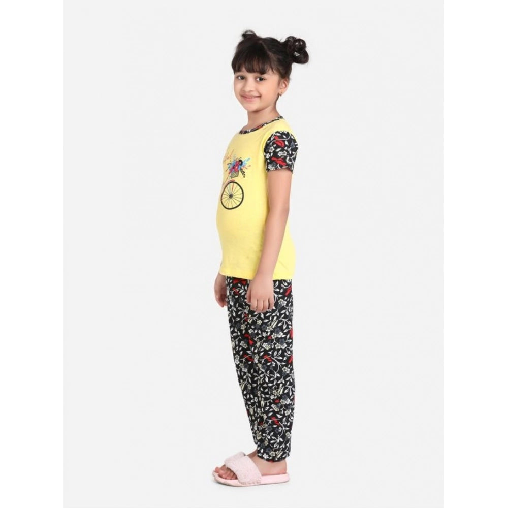 Amfyn Girl's Cotton Hosiery Printed Night Suit Set (Yellow-Black)