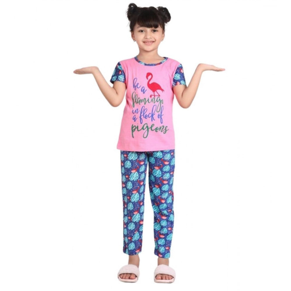 Amfyn Girl's Cotton Hosiery Printed Night Suit Set (Pink-Blue)