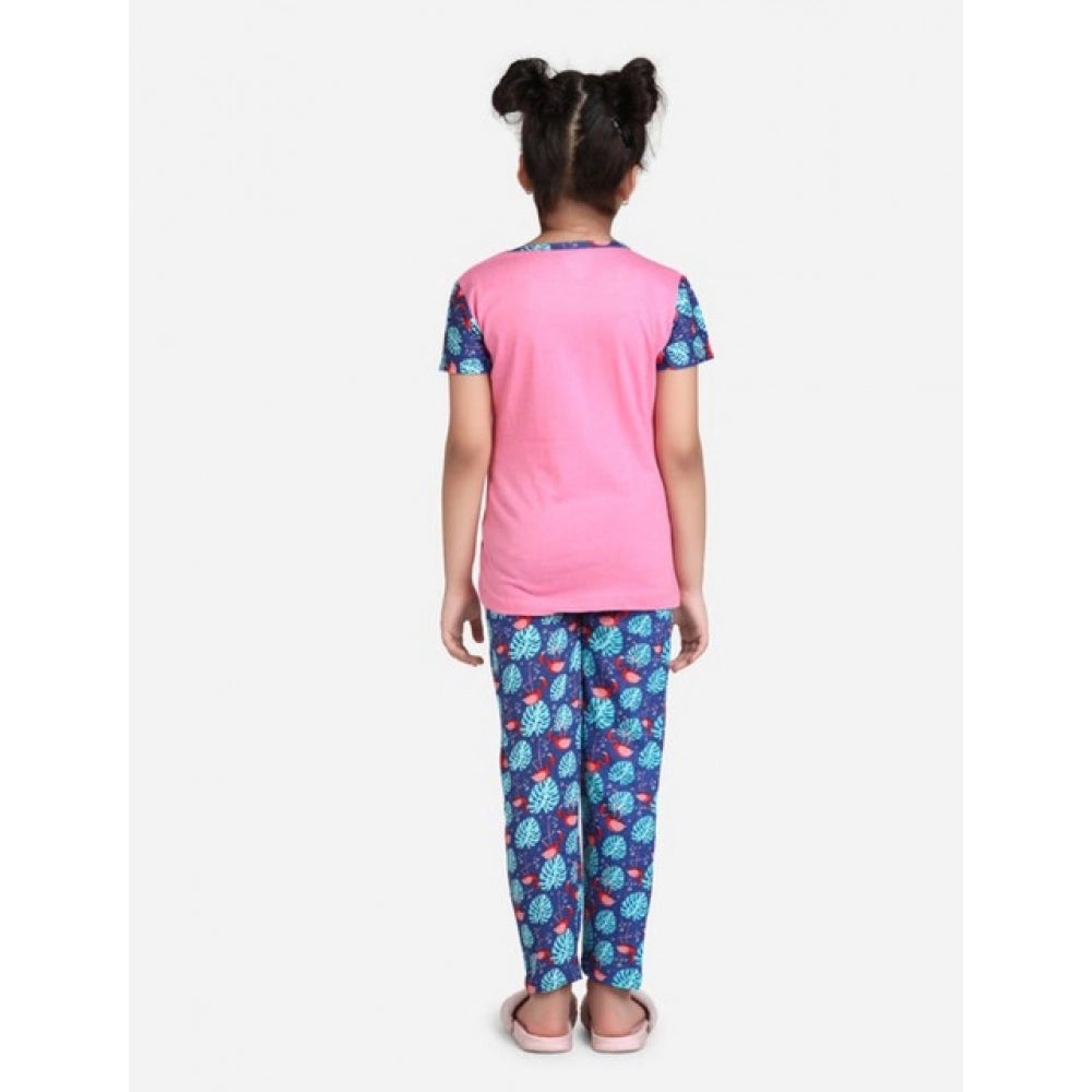 Amfyn Girl's Cotton Hosiery Printed Night Suit Set (Pink-Blue)