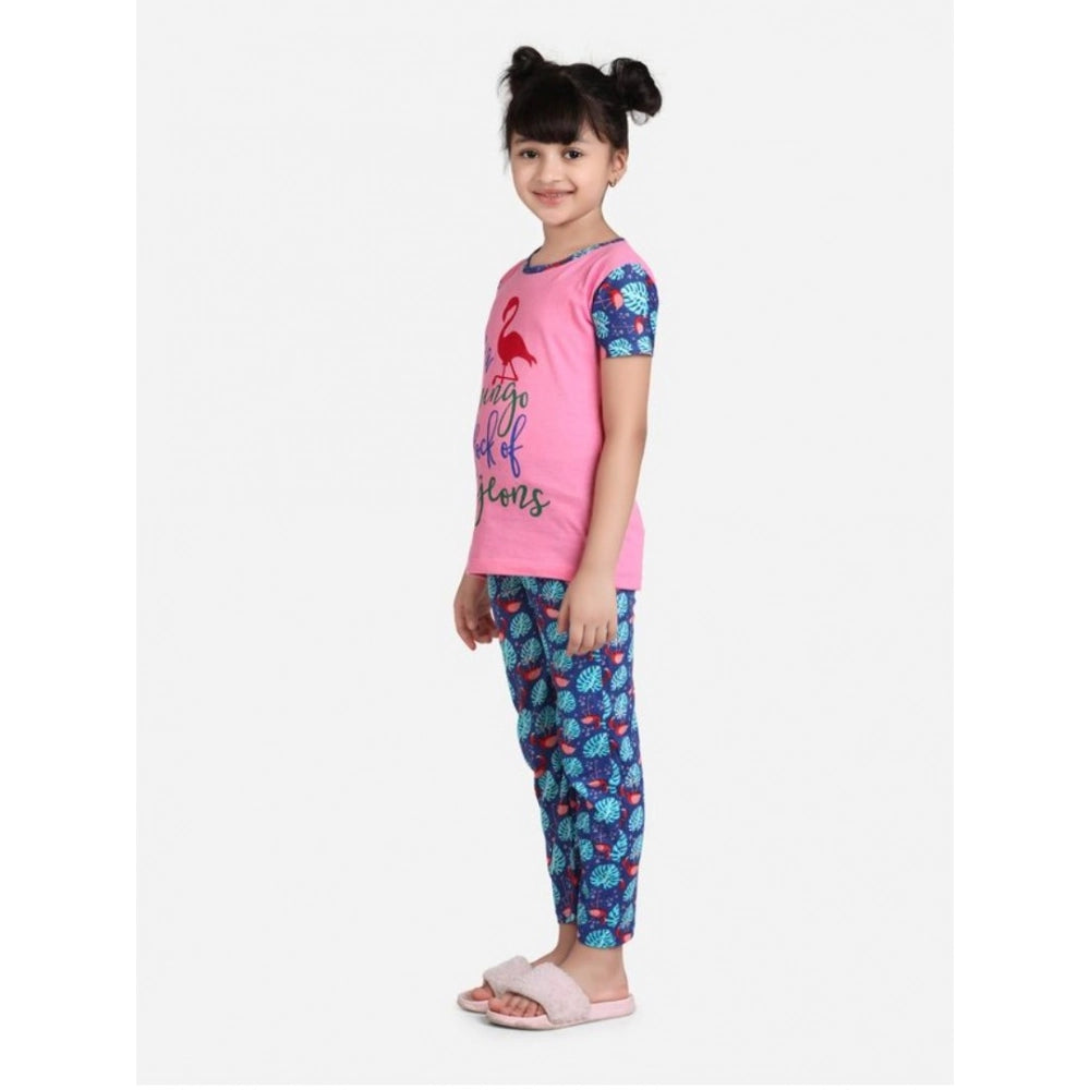 Amfyn Girl's Cotton Hosiery Printed Night Suit Set (Pink-Blue)