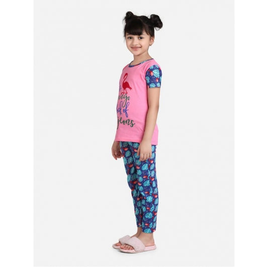 Amfyn Girl's Cotton Hosiery Printed Night Suit Set (Pink-Blue)
