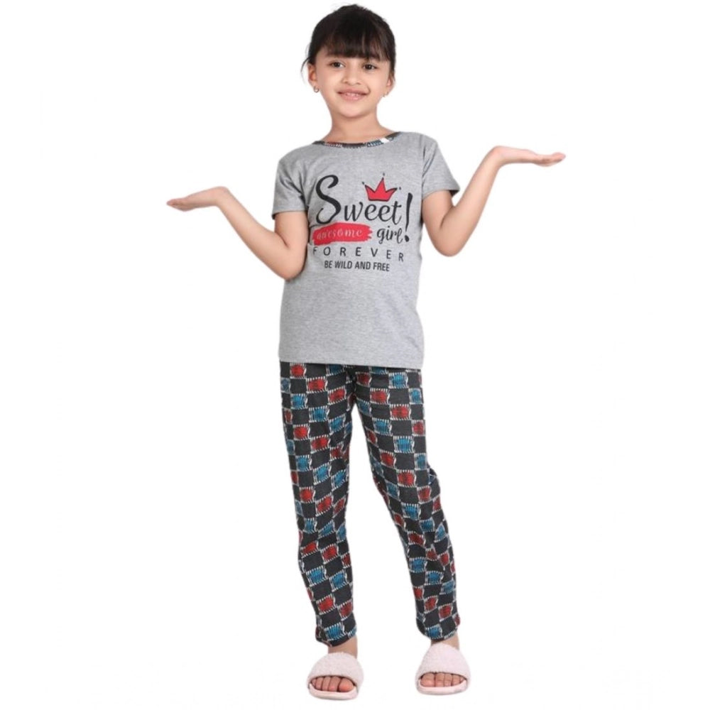 Amfyn Girl's Cotton Hosiery Printed Night Suit Set (Grey-Red)