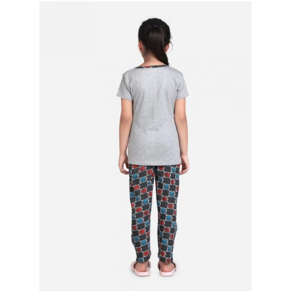 Amfyn Girl's Cotton Hosiery Printed Night Suit Set (Grey-Red)