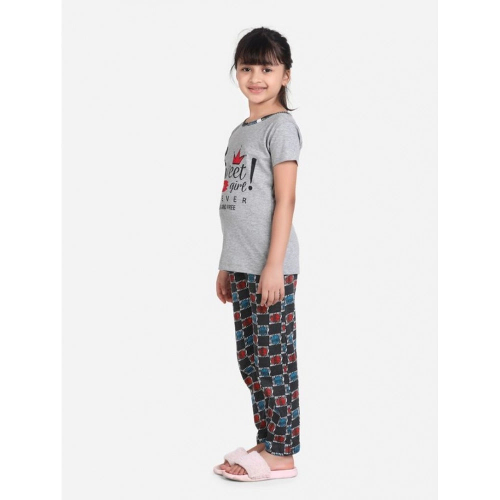Amfyn Girl's Cotton Hosiery Printed Night Suit Set (Grey-Red)