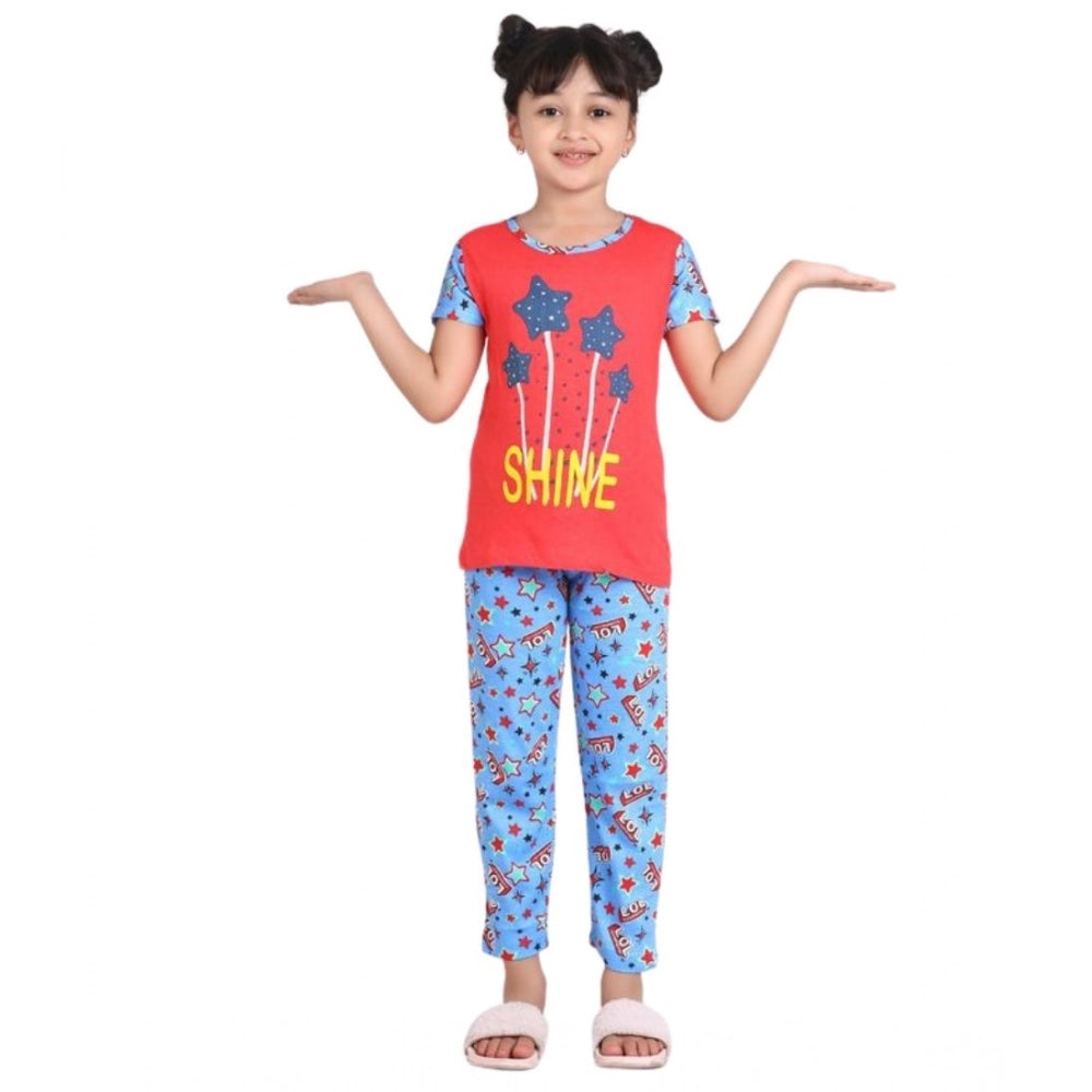 Amfyn Girl's Cotton Hosiery Printed Night Suit Set (Red-Blue)