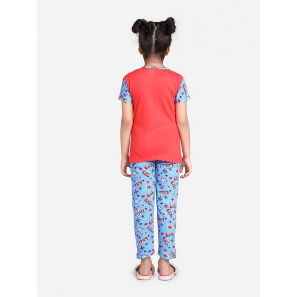Amfyn Girl's Cotton Hosiery Printed Night Suit Set (Red-Blue)