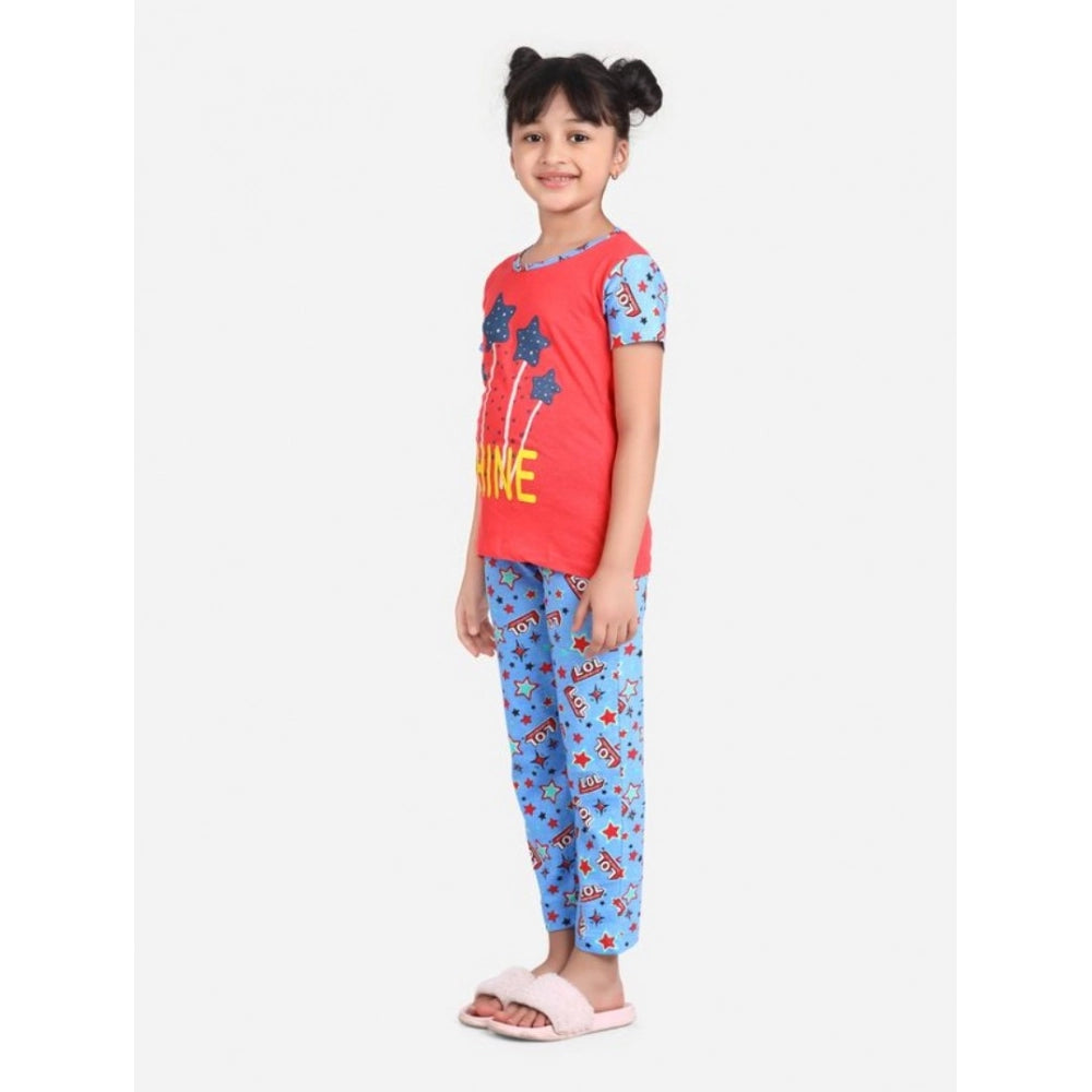 Amfyn Girl's Cotton Hosiery Printed Night Suit Set (Red-Blue)