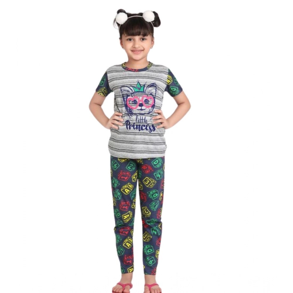 Amfyn Girl's Cotton Hosiery Printed Night Suit Set (Grey-Green)