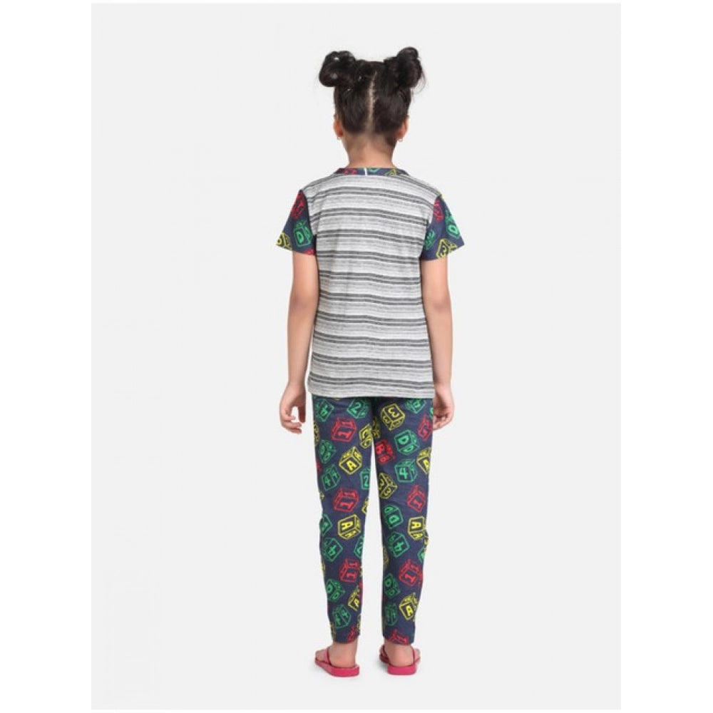 Amfyn Girl's Cotton Hosiery Printed Night Suit Set (Grey-Green)