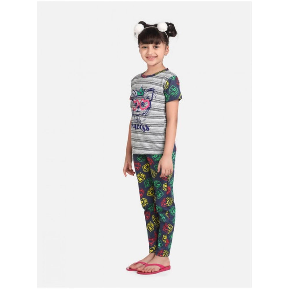 Amfyn Girl's Cotton Hosiery Printed Night Suit Set (Grey-Green)