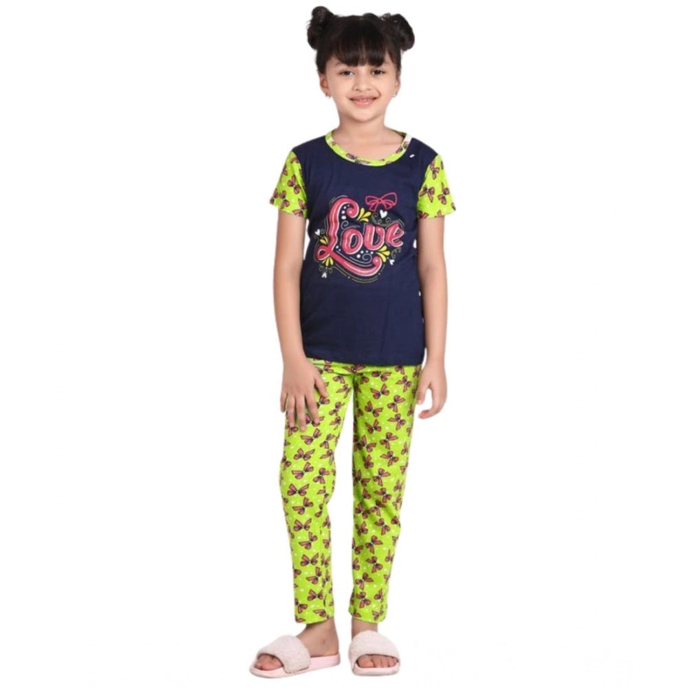 Amfyn Girl's Cotton Hosiery Printed Night Suit Set (Navy-Green)