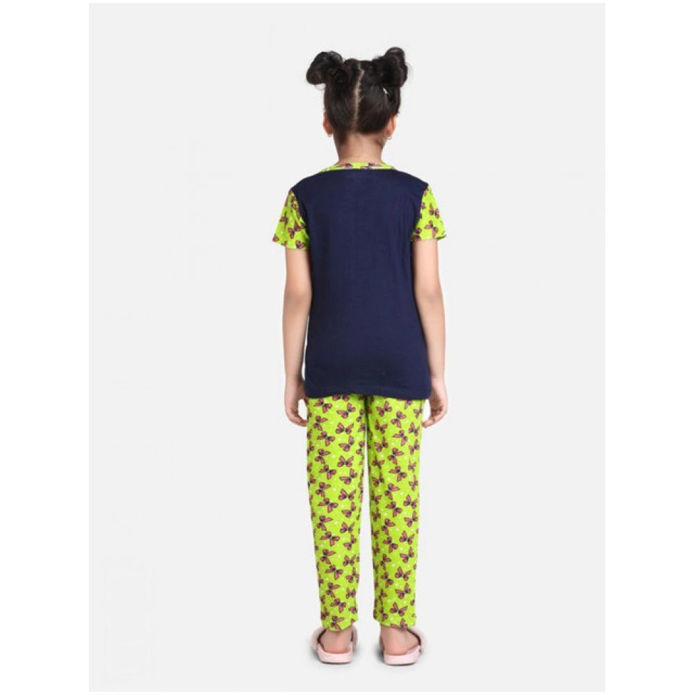 Amfyn Girl's Cotton Hosiery Printed Night Suit Set (Navy-Green)