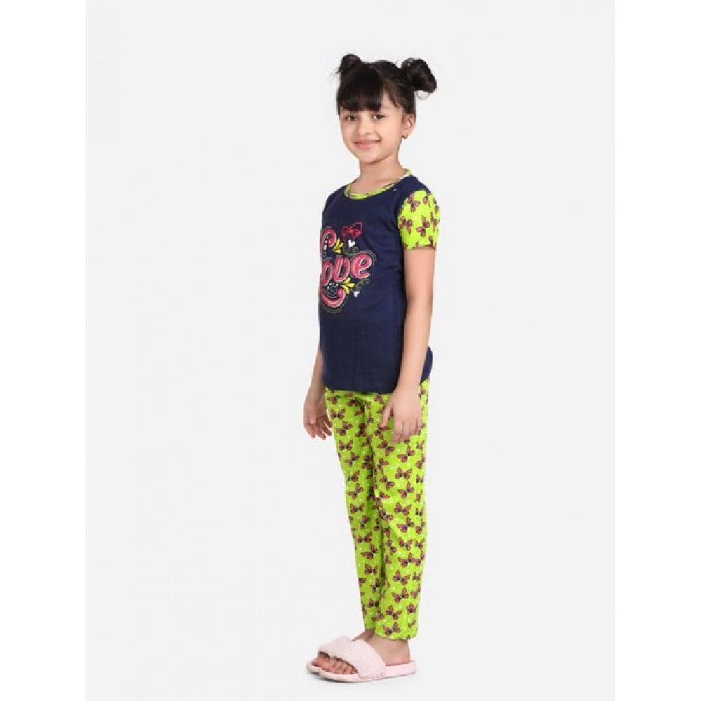 Amfyn Girl's Cotton Hosiery Printed Night Suit Set (Navy-Green)