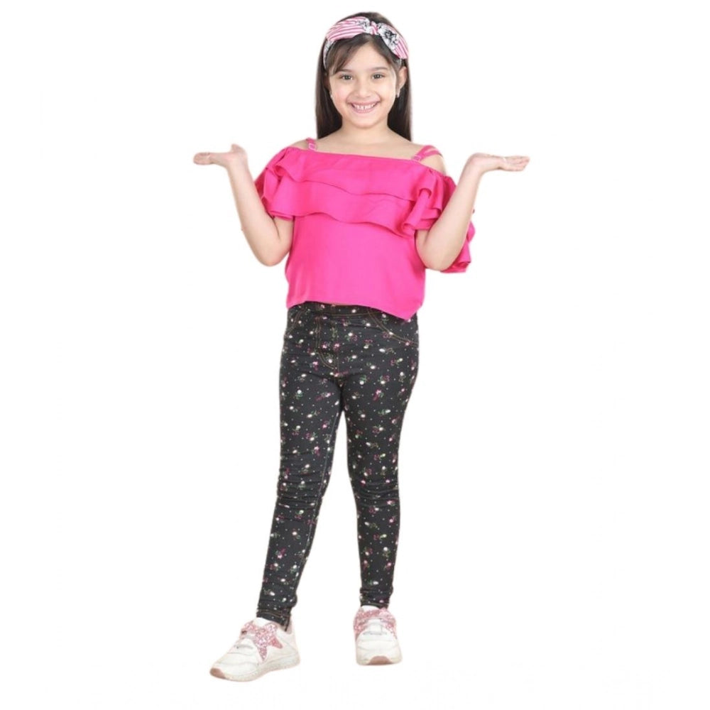 Amfyn Girl's Cotton Floral Elasticated Jegging and Top Set (Pink)