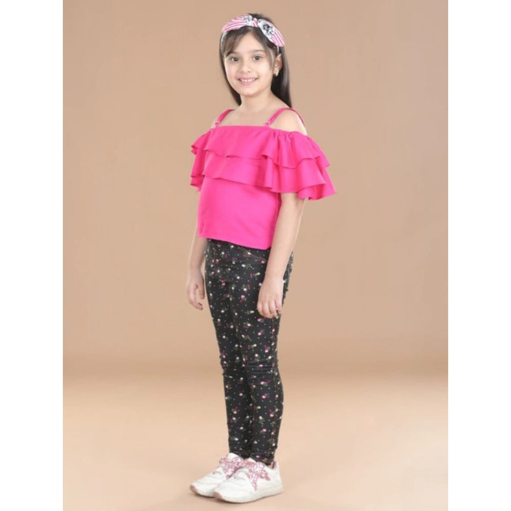 Amfyn Girl's Cotton Floral Elasticated Jegging and Top Set (Pink)