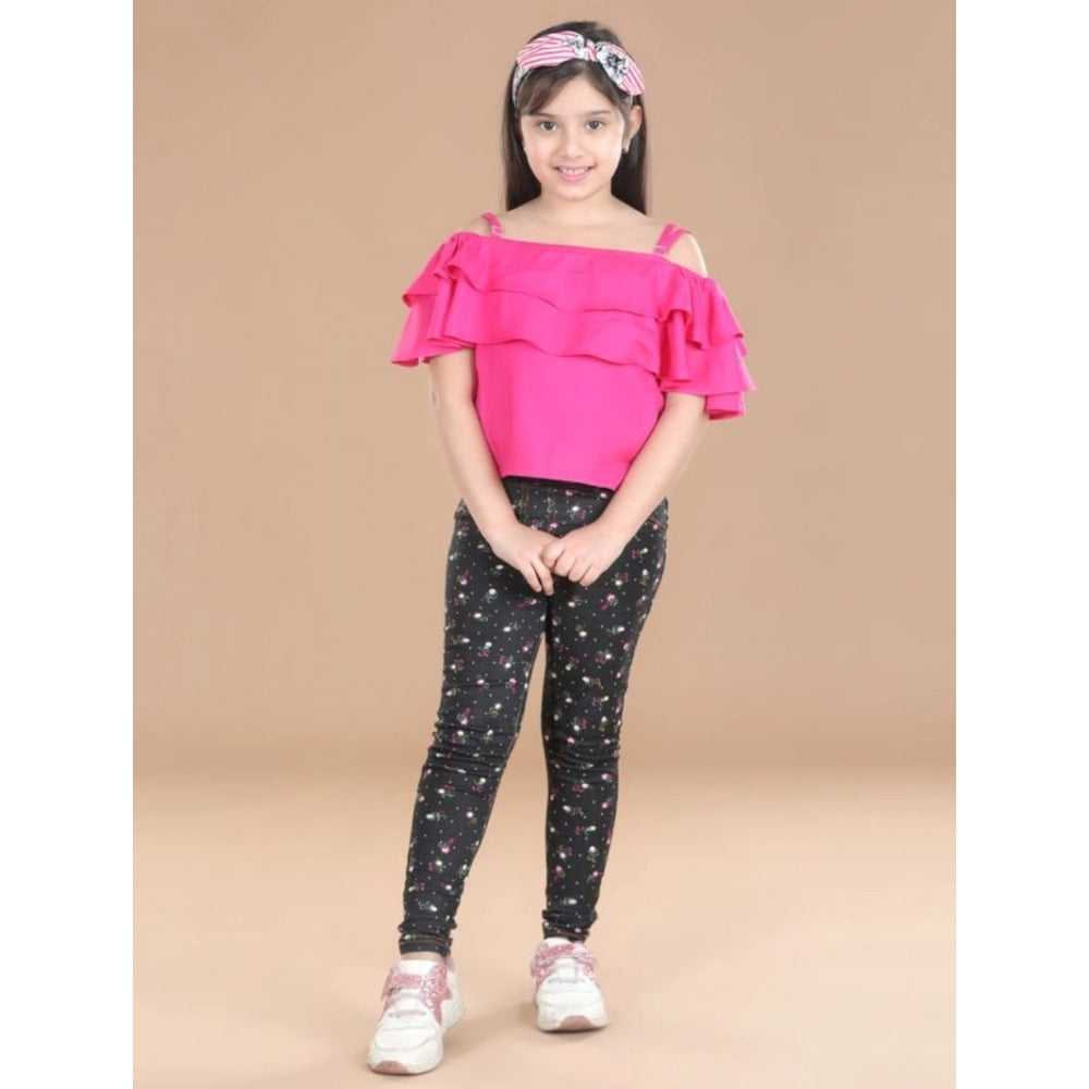 Amfyn Girl's Cotton Floral Elasticated Jegging and Top Set (Pink)