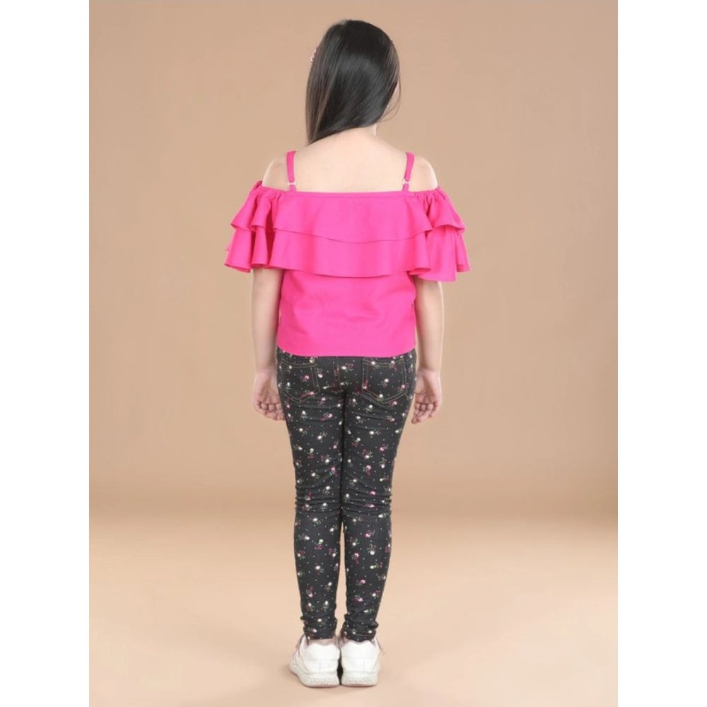 Amfyn Girl's Cotton Floral Elasticated Jegging and Top Set (Pink)