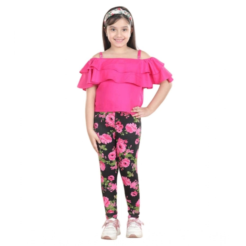 Amfyn Girl's Cotton Floral Elasticated Jegging and Top Set (Black-Pink)