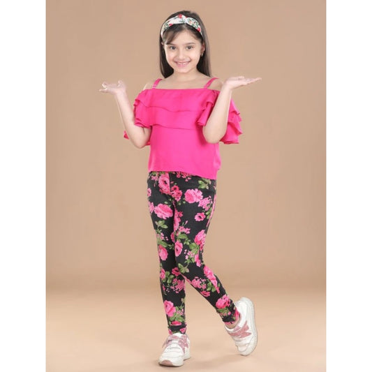Amfyn Girl's Cotton Floral Elasticated Jegging and Top Set (Black-Pink)