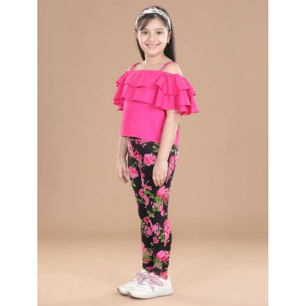 Amfyn Girl's Cotton Floral Elasticated Jegging and Top Set (Black-Pink)