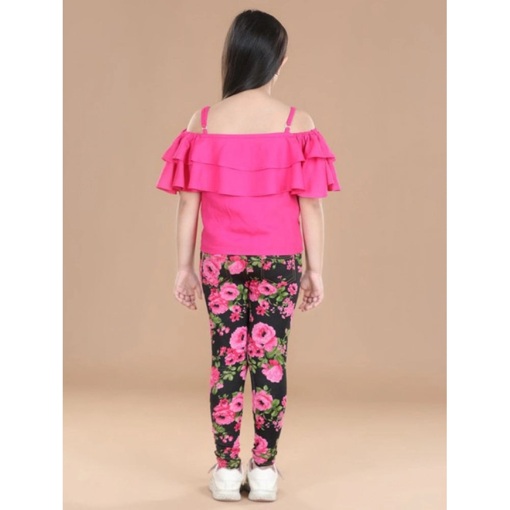 Amfyn Girl's Cotton Floral Elasticated Jegging and Top Set (Black-Pink)