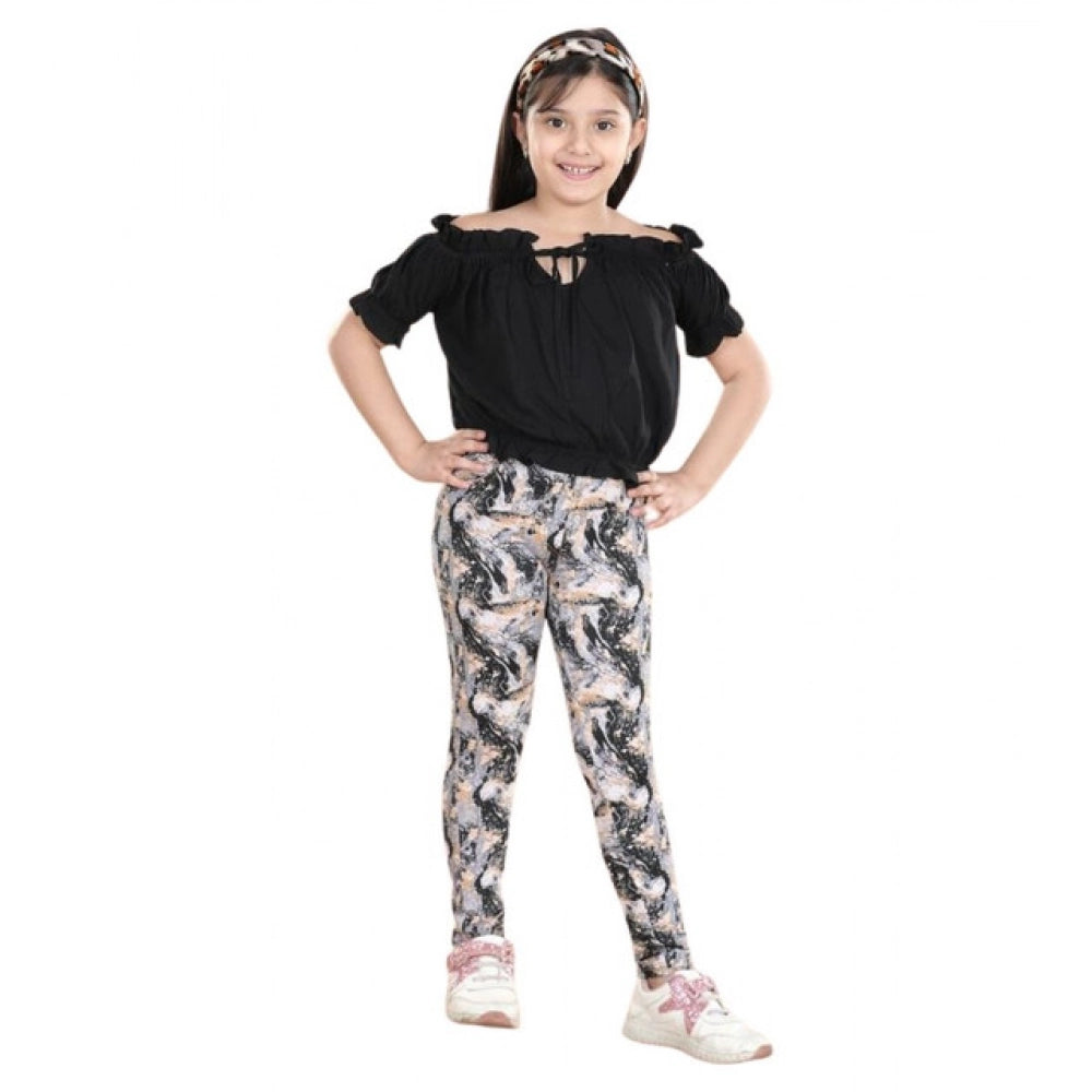 Amfyn Girl's Cotton Floral Elasticated Jegging and Top Set (Black)