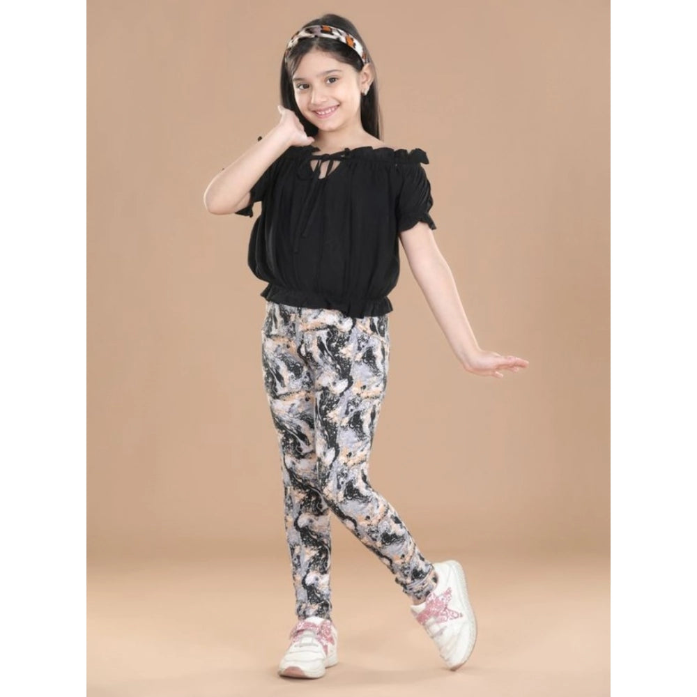 Amfyn Girl's Cotton Floral Elasticated Jegging and Top Set (Black)