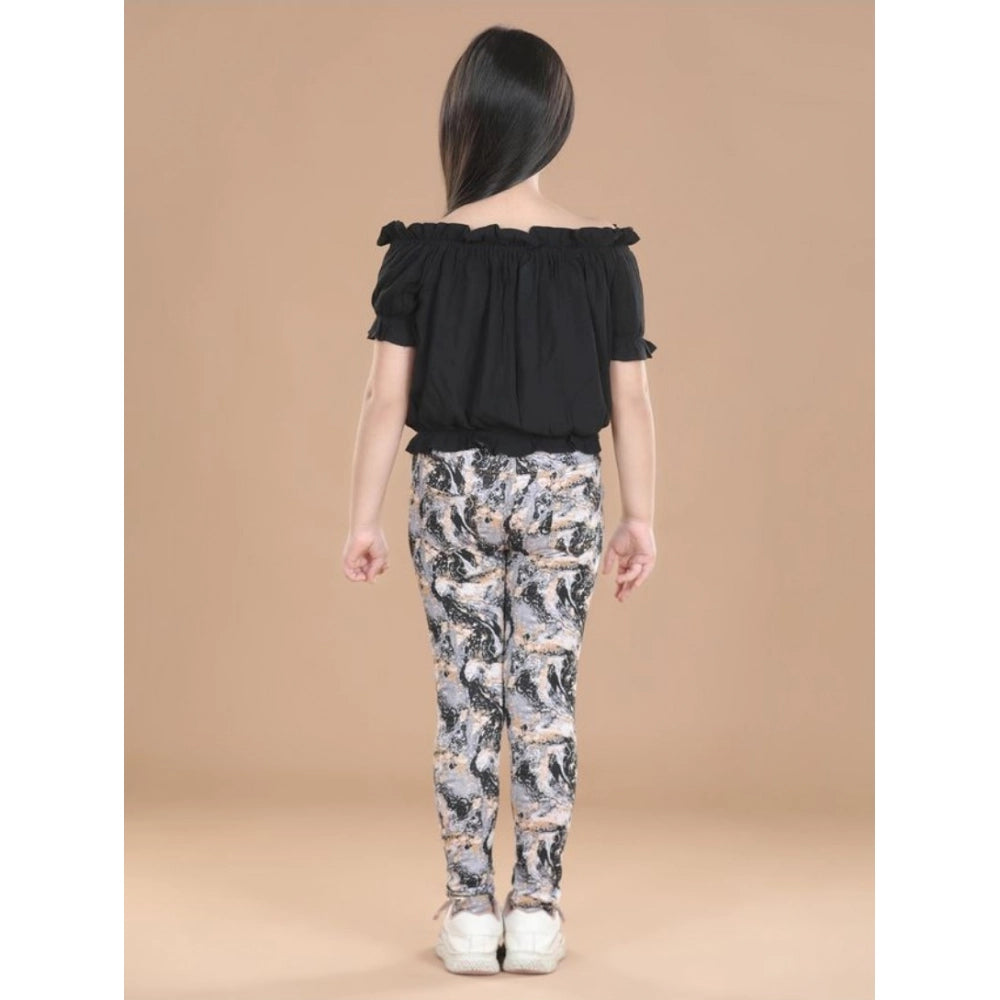 Amfyn Girl's Cotton Floral Elasticated Jegging and Top Set (Black)