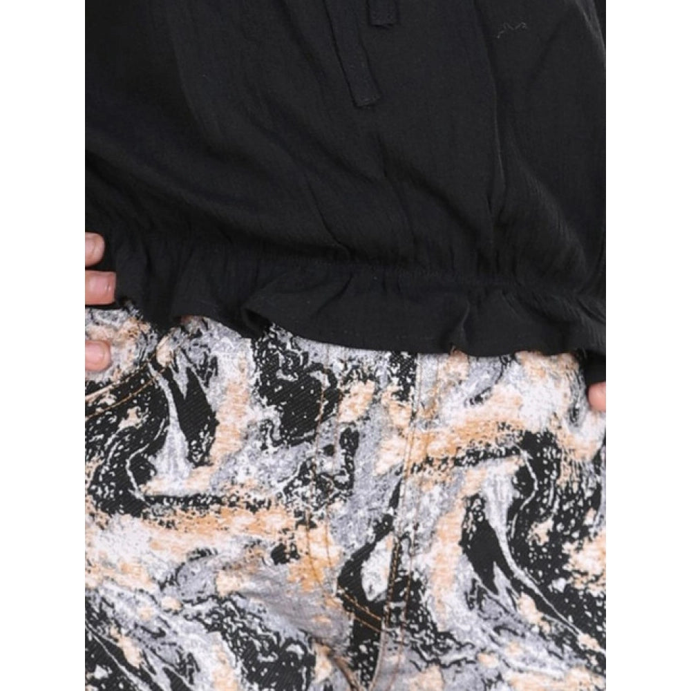 Amfyn Girl's Cotton Floral Elasticated Jegging and Top Set (Black)