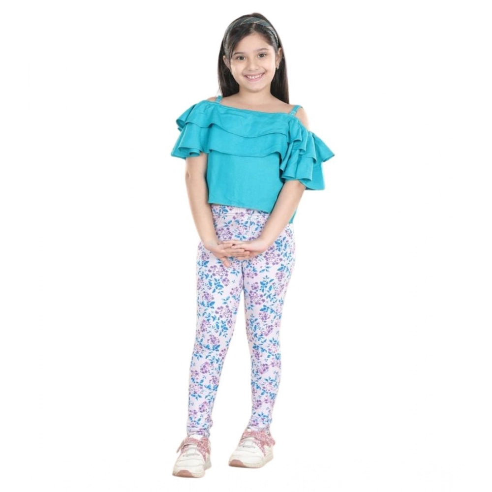 Amfyn Girl's Cotton Floral Elasticated Jegging and Top Set (Turquoise Blue)