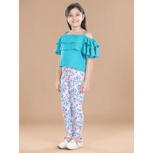 Amfyn Girl's Cotton Floral Elasticated Jegging and Top Set (Turquoise Blue)