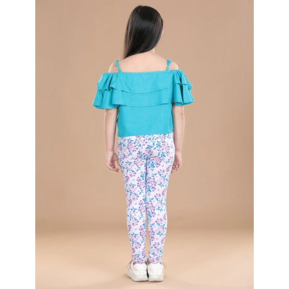 Amfyn Girl's Cotton Floral Elasticated Jegging and Top Set (Turquoise Blue)