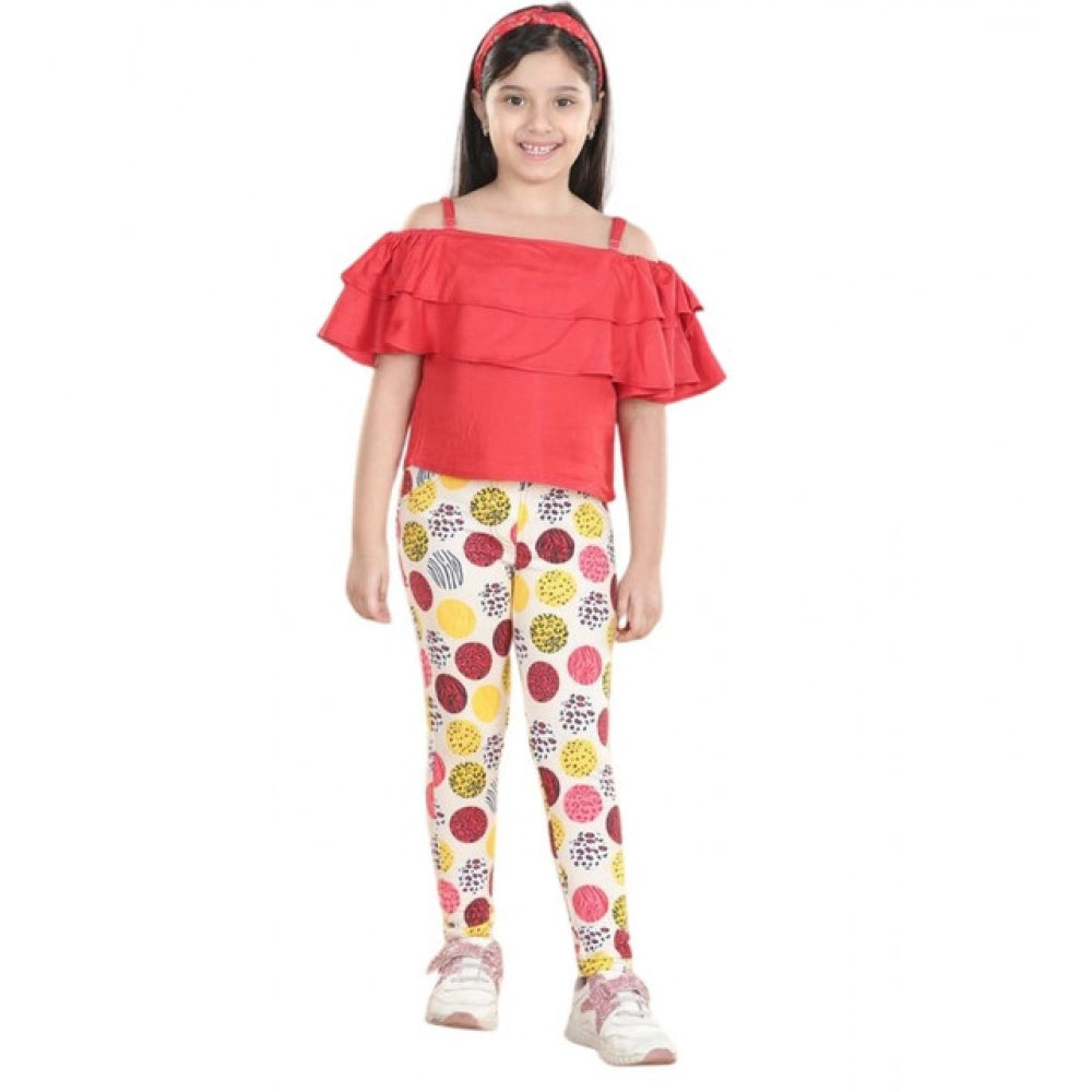 Amfyn Girl's Cotton Floral Elasticated Jegging and Top Set (Red)