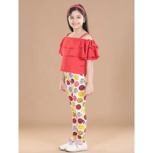 Amfyn Girl's Cotton Floral Elasticated Jegging and Top Set (Red)