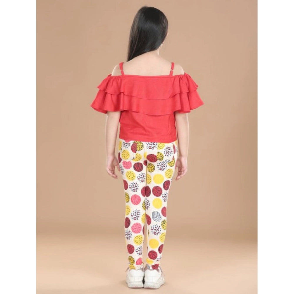 Amfyn Girl's Cotton Floral Elasticated Jegging and Top Set (Red)