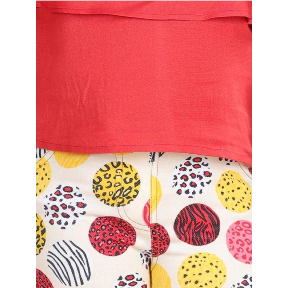 Amfyn Girl's Cotton Floral Elasticated Jegging and Top Set (Red)