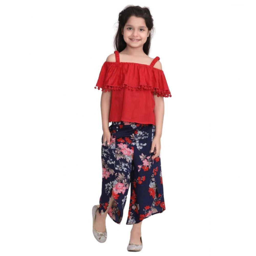 Amfyn Girl's Rayon Crepe Printed Cold Shoulder Top and Pants Set (Red-Navy)