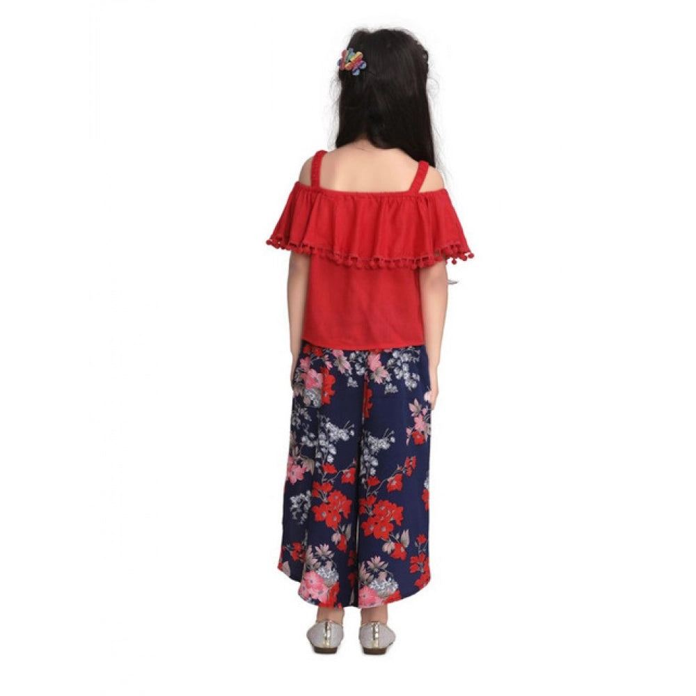 Amfyn Girl's Rayon Crepe Printed Cold Shoulder Top and Pants Set (Red-Navy)