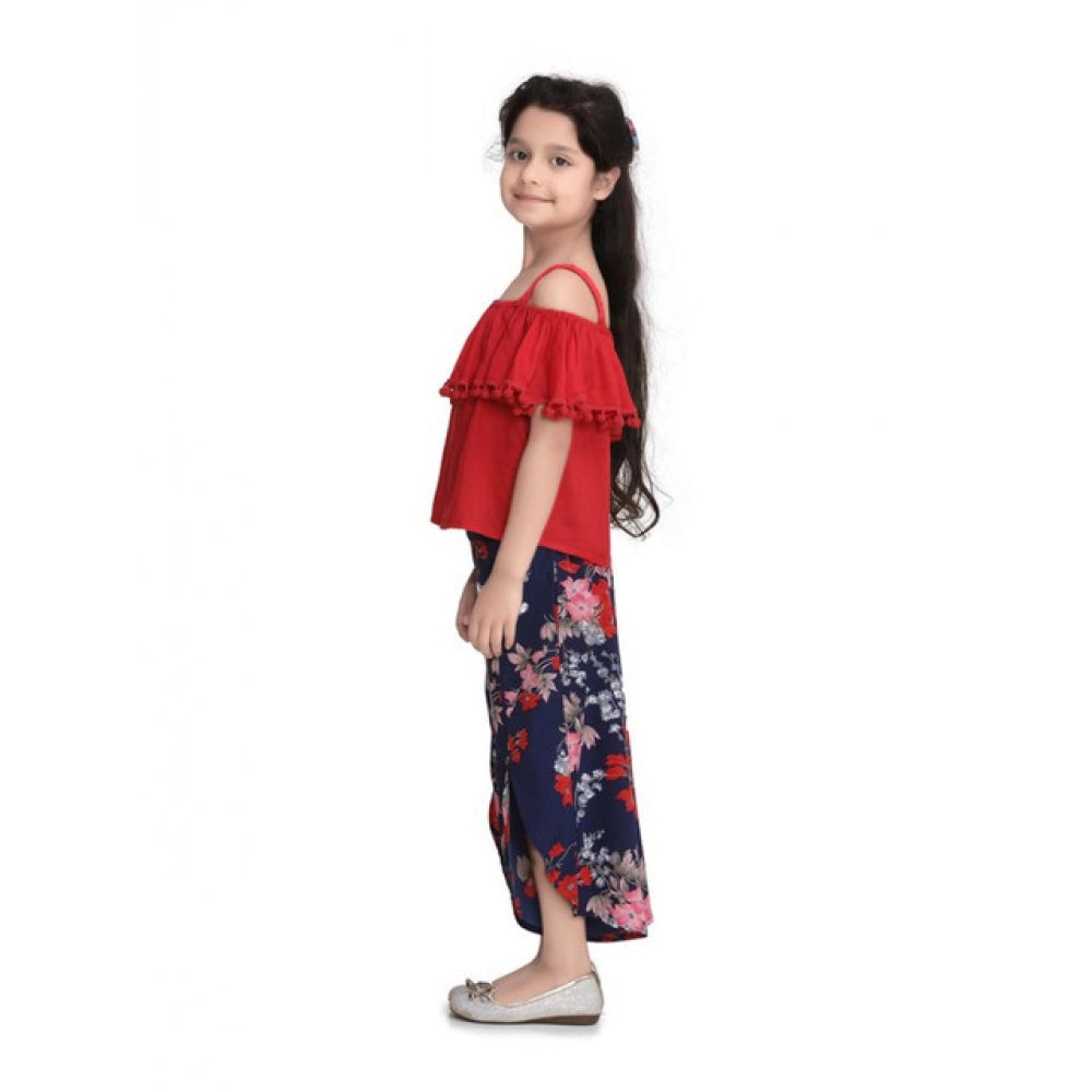 Amfyn Girl's Rayon Crepe Printed Cold Shoulder Top and Pants Set (Red-Navy)